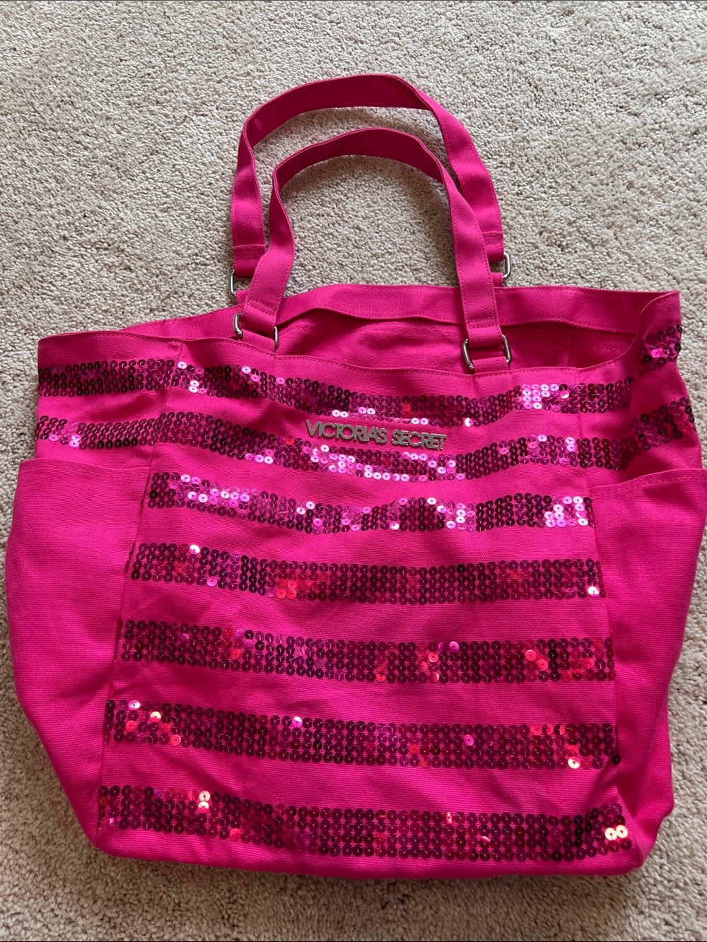 Victoria's Secret Hot Pink Sequin Stripe Tote